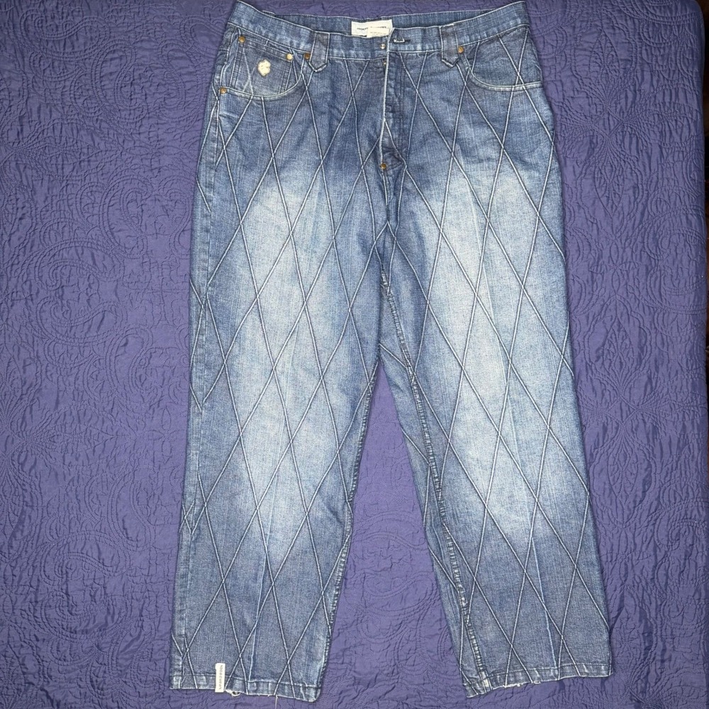 Rocawear Mens Diamond Stitched Quilted Denim Jeans Blue Streetwear Size 40 Read
